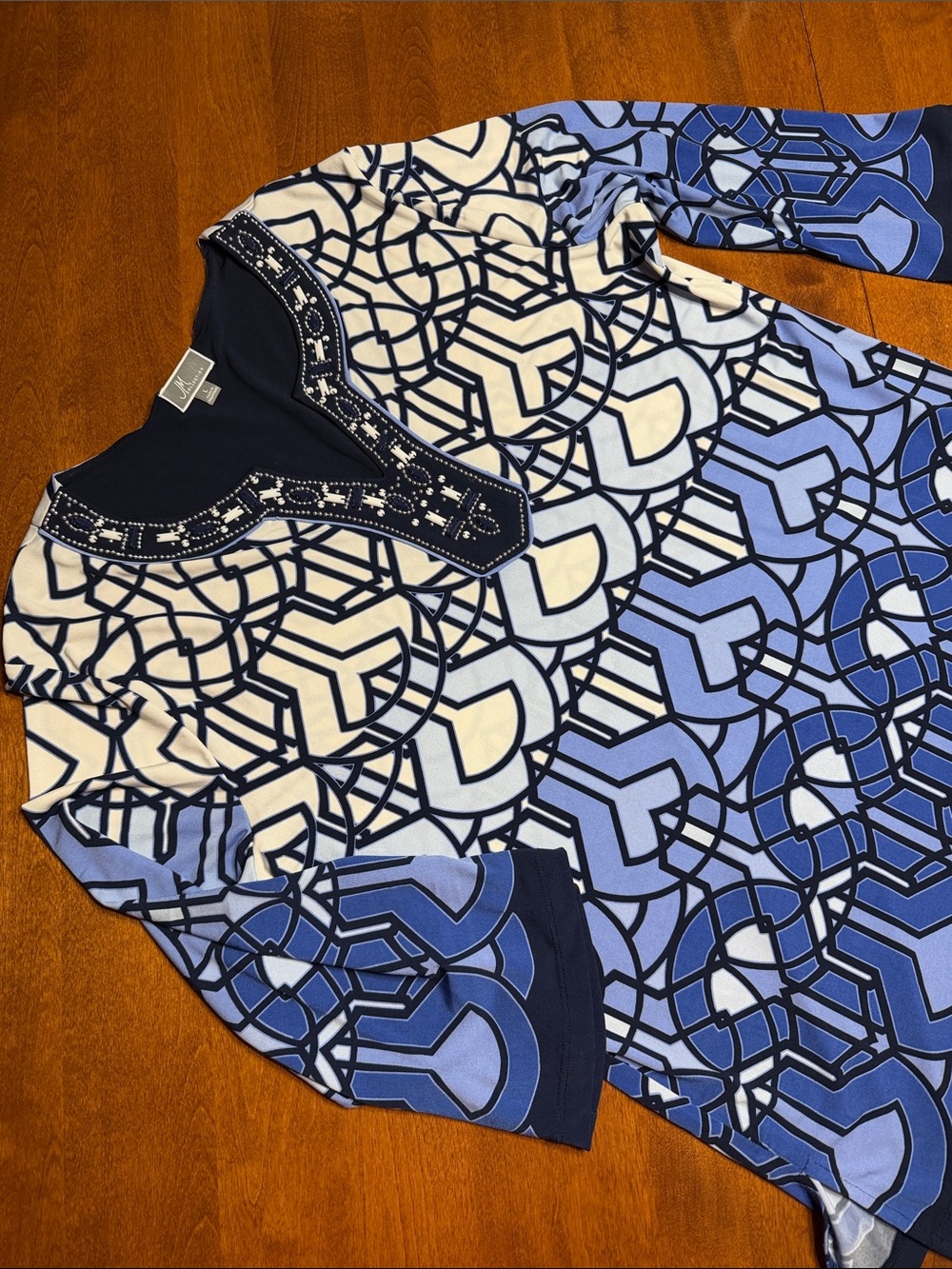 JM Collection Navy and Light Blue Geometric Tunic